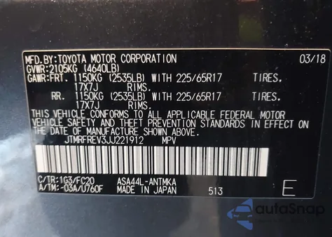 2018 Toyota Rav4 Xle из США, поврежденный, VIN JTMRFREV3JJ221912